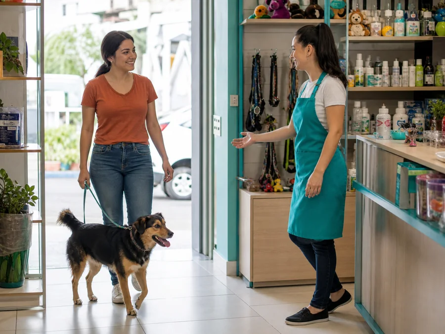 Cachorro e tutor em um ambiente de pet shop acolhedor