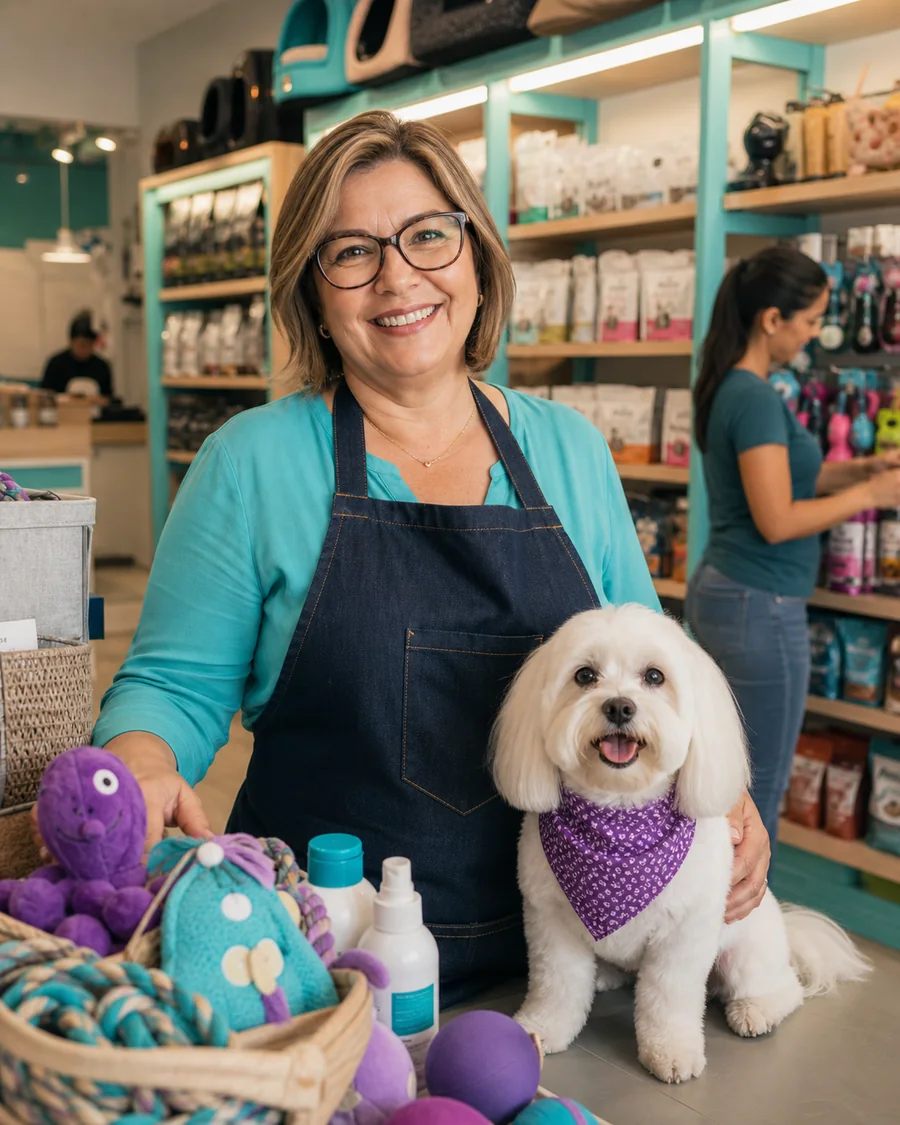 Representante da Dog Style sorrindo e apresentando produtos para cães e gatos